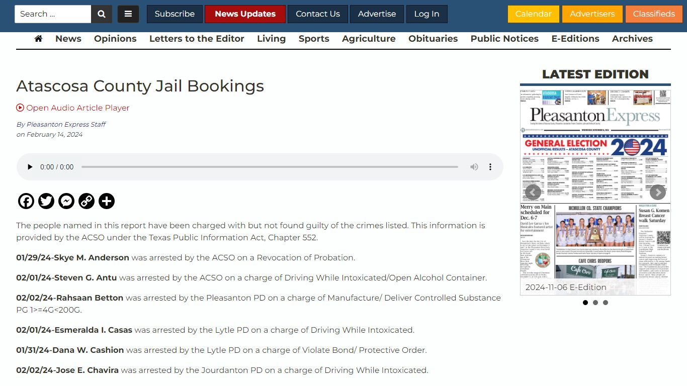 Atascosa County Jail Bookings - Pleasanton Express