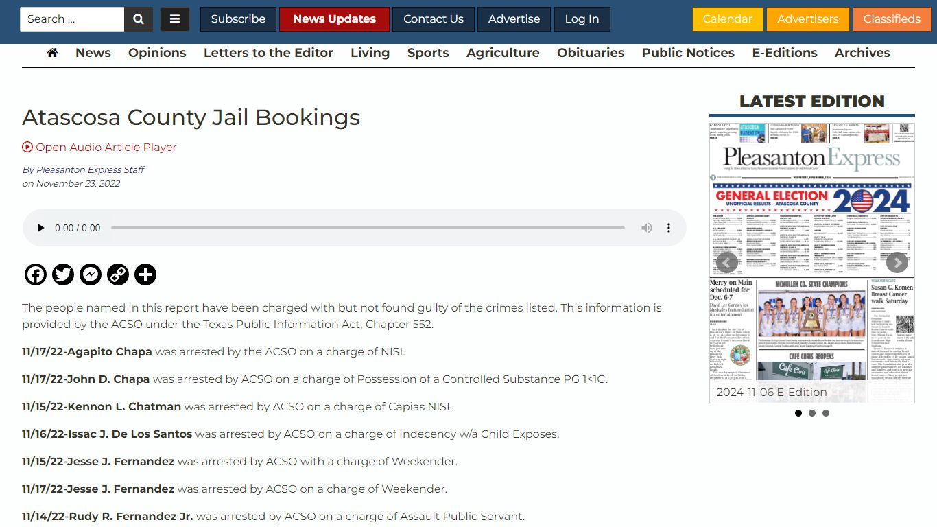 Atascosa County Jail Bookings - Pleasanton Express